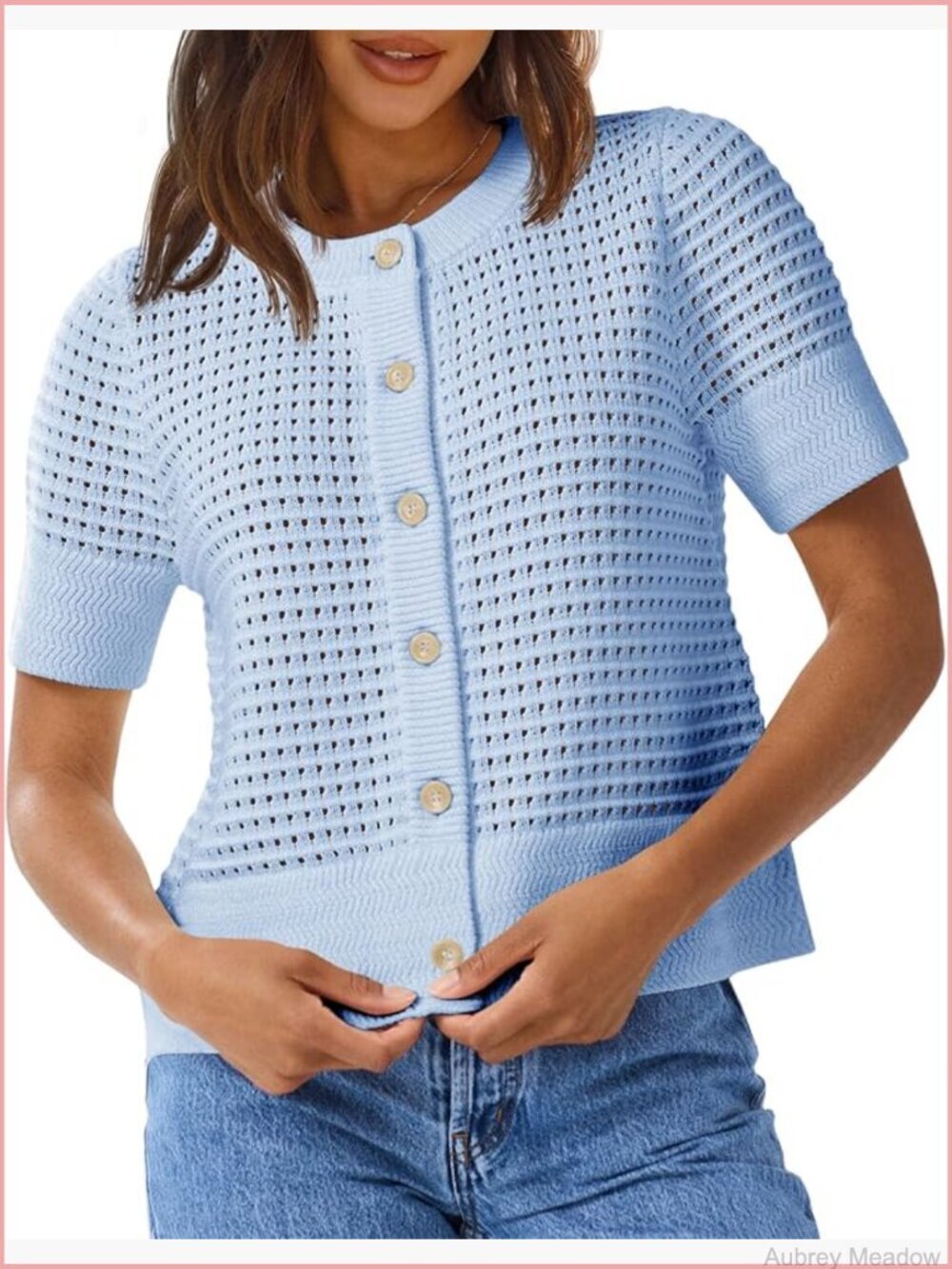 Crochet Short Sleeve Cardigan Button Down Crew Neck Knit Summer Beach Top